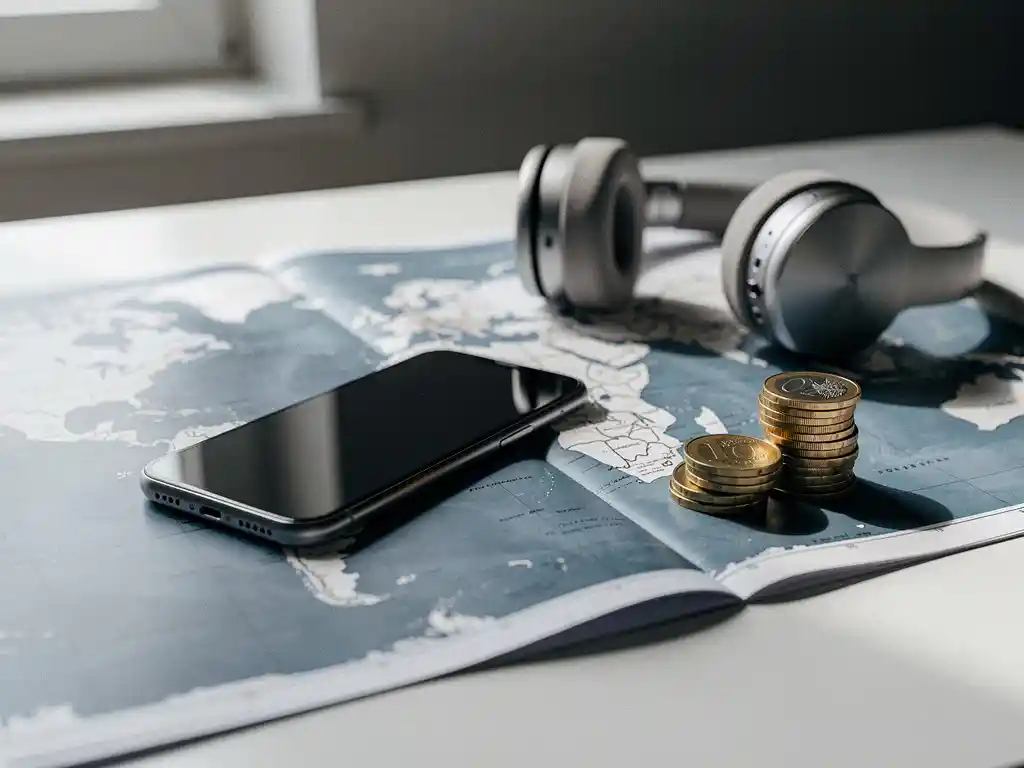 Smartphone op een opengevouwen wereldkaart naast een stapeltje euromunten en een draadloze headset op een modern bureau.