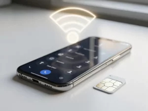 Moderne smartphone met contactenlijst naast een simkaart op wit bureau, zacht zijdelings daglicht, zilver en marineblauw kleurenpalet.