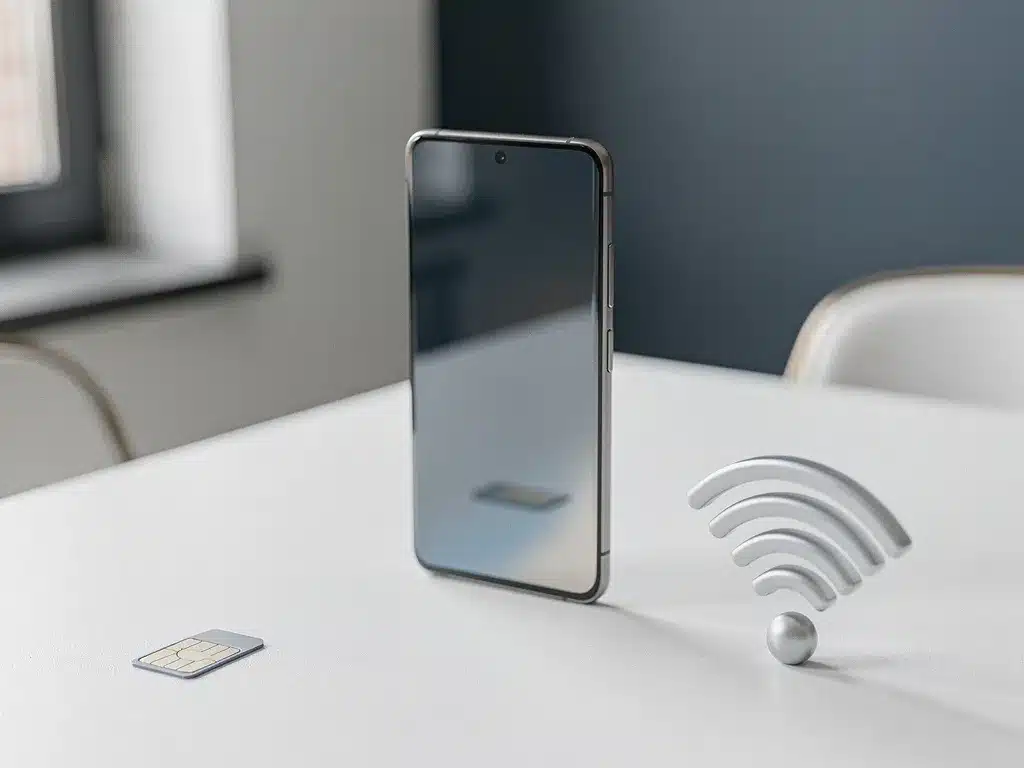Moderne smartphone rechtop op wit bureau met simkaart en draadloos signaal, kantooromgeving met natuurlijk raamlicht.