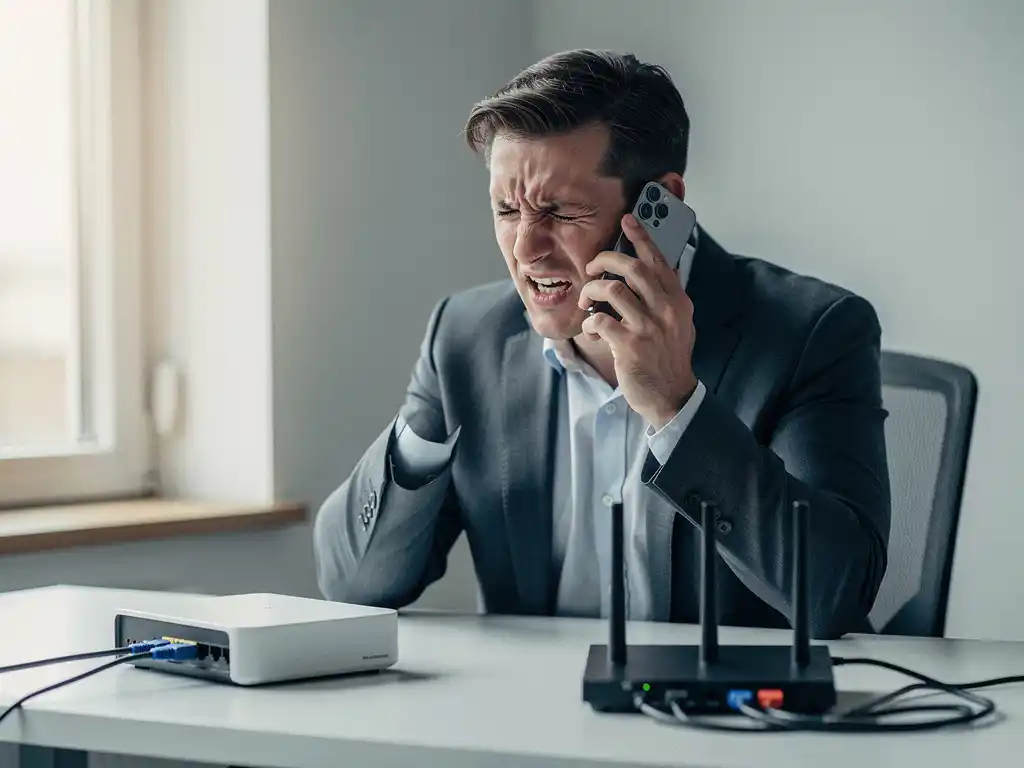 Gefrustreerde professional houdt smartphone van oor af vanwege slechte geluidskwaliteit, router zichtbaar op kantoorbureau.