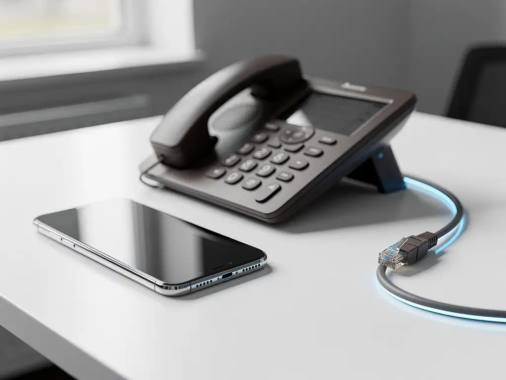 Smartphone en bureautelefoon naast elkaar op wit bureau met ethernet­kabel, zacht natuurlijk licht en ondiepe scherptediepte.