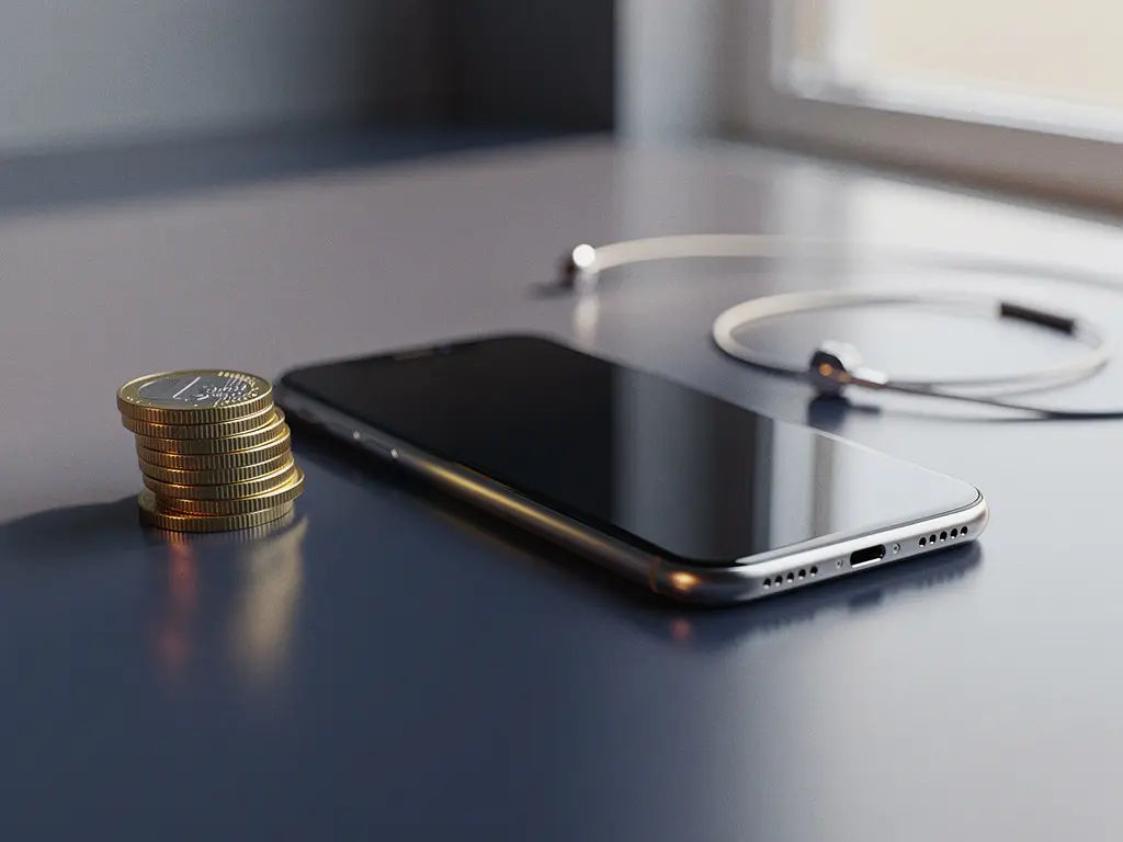 Moderne smartphone op kantoorbureau naast een stapeltje euromunten en een headsetkabel, symboliseert besparen op telefonie.