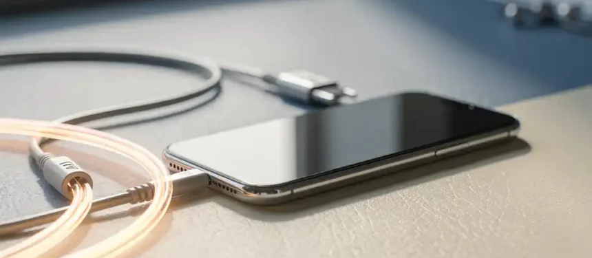 Moderne smartphone op kantoorbureau naast verweven glasvezelkabel en traditioneel telefoonsnoer, zacht natuurlijk licht.