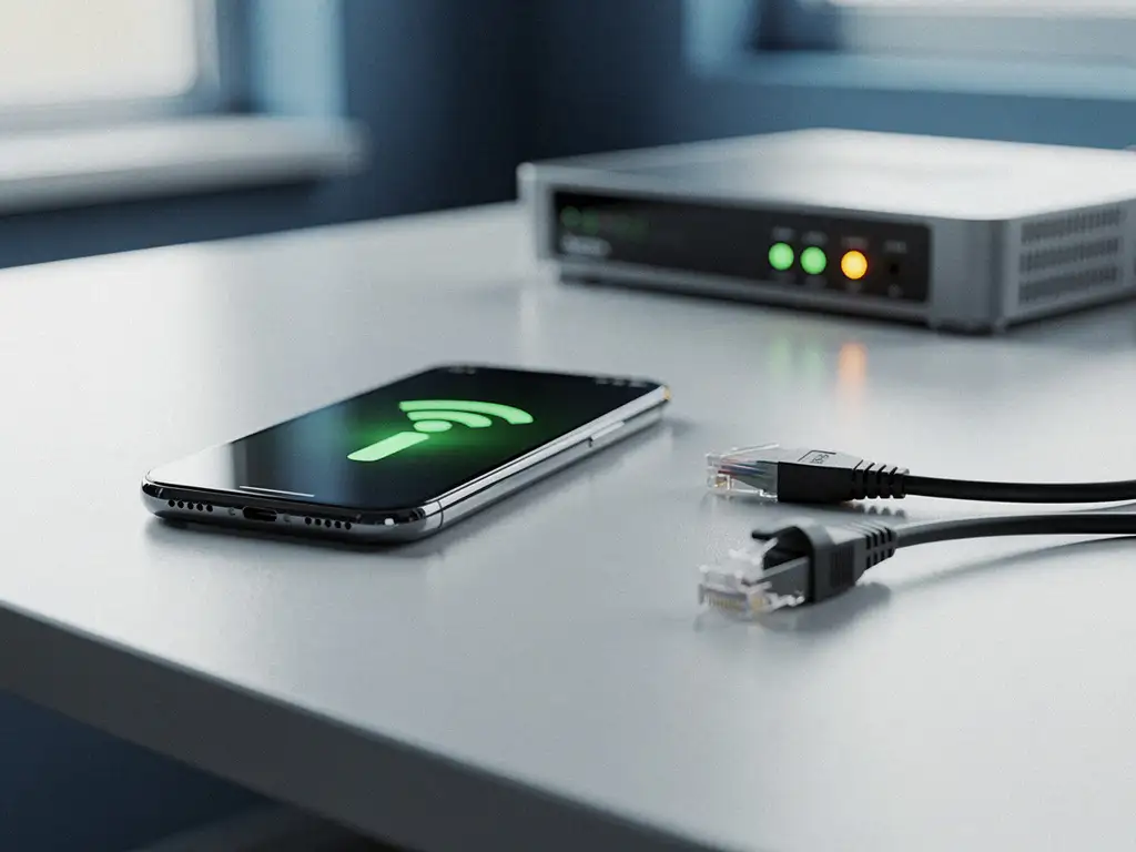 Smartphone met sterke GSM-signaalbalken naast een losgekoppelde ethernetkabel op modern bureau, zachte natuurlijke belichting.