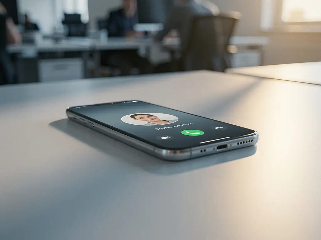 Smartphone op kantoorbureau met inkomend gesprek op scherm, warm ochtendlicht en Belgische open kantooromgeving op de achtergrond.
