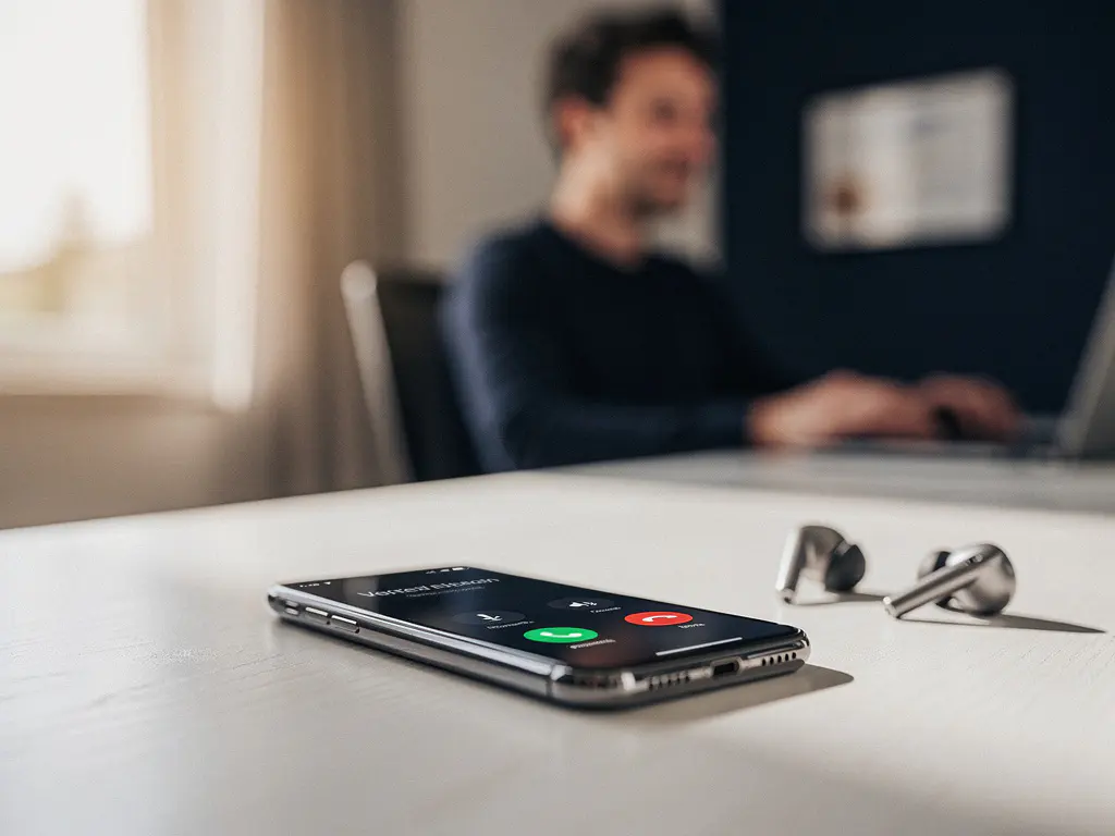 Smartphone met inkomende oproep op modern bureau in lichte thuiswerkplek, professional met draadloze oordopjes in warm middaglicht.