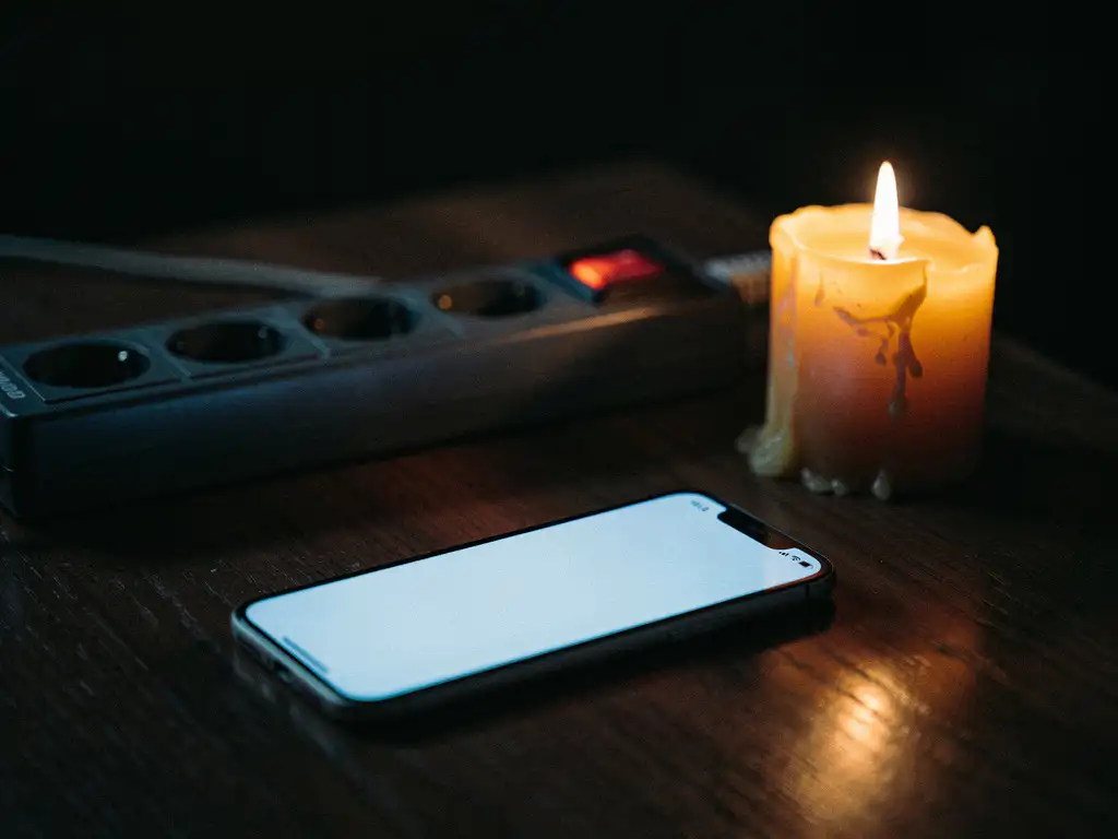 Smartphone met blauw schermgloed op donker houten bureau, verlicht door kaarsvlam naast een uitgevallen stekkerdoos.
