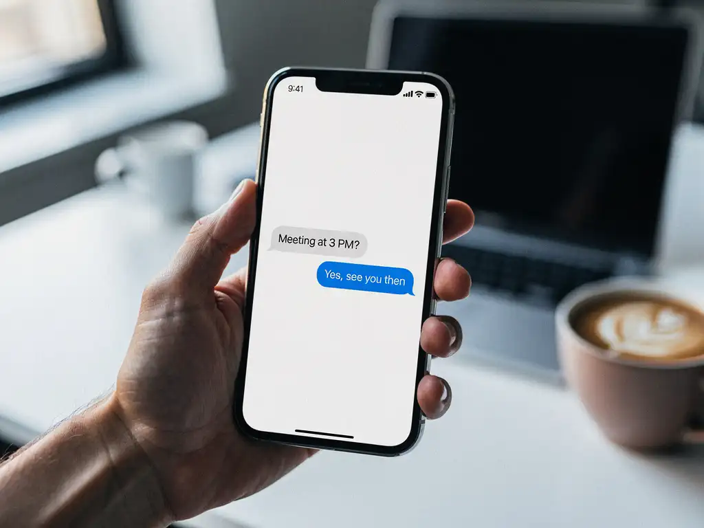 Professionele hand houdt smartphone met sms-gesprek, kantooromgeving met laptop op achtergrond, natuurlijk zijlicht.