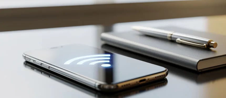 Moderne smartphone op kantoorbureau met gloeiend Wi-Fi-signaal op scherm, notitieboek en pen op de achtergrond.