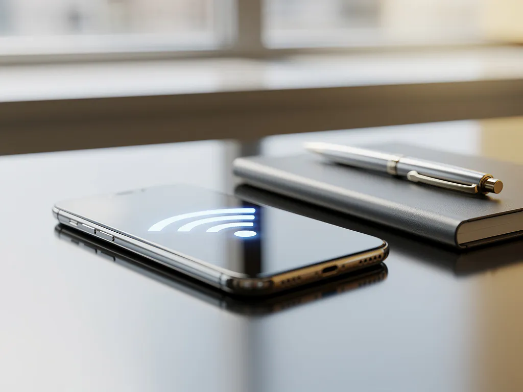 Moderne smartphone op kantoorbureau met gloeiend Wi-Fi-signaal op scherm, notitieboek en pen op de achtergrond.