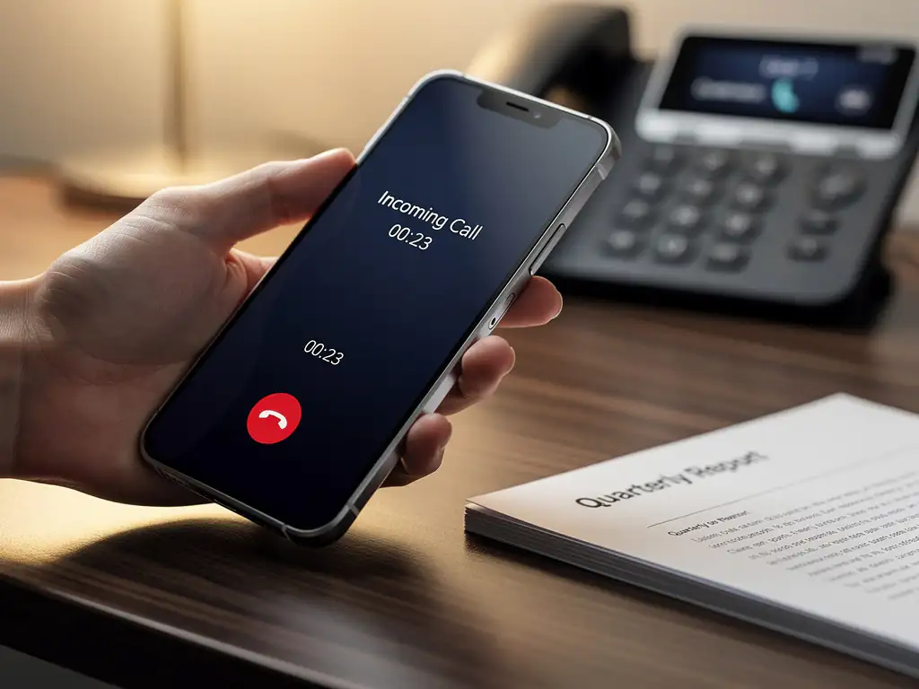 Smartphone met actief belscherm op professioneel bureau naast zakelijke documenten, met kantoortelefoon op de achtergrond.