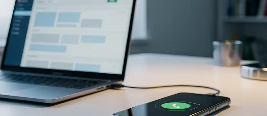 Smartphone op kantoorbureau verbonden met laptop waarop een CRM-interface openstaat, gesynchroniseerde bellogregistratie via kabel, zacht natuurlijk licht.