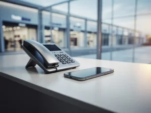 Moderne bureautelefoon en smartphone naast elkaar op een minimalistische receptiebalie, met een wazig franchisenetwerk op de achtergrond.