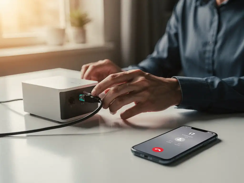 Professional die een ethernetkabel in een moderne router aansluit op een thuiskantoor, smartphone met actief VoIP-gesprek op de achtergrond.