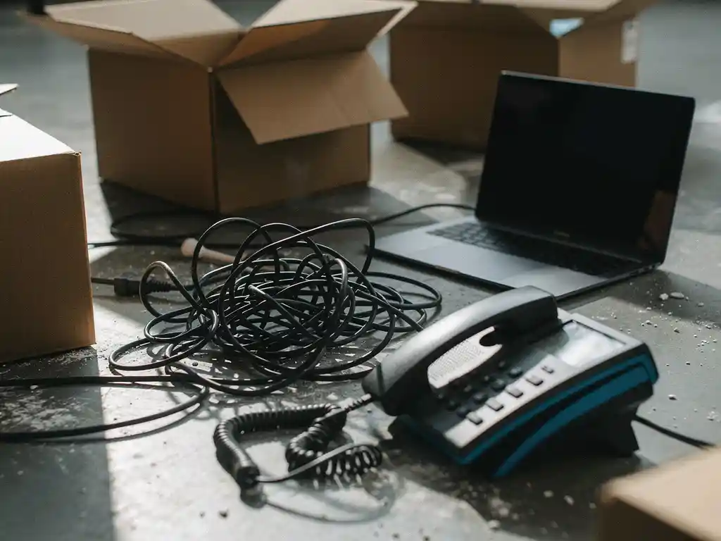 Losgekoppelde telefoonkabels en bureautelefoon tussen verhuisdozen, met een laptop op een stoffige kantoorvloer tijdens een bedrijfsverhuizing.
