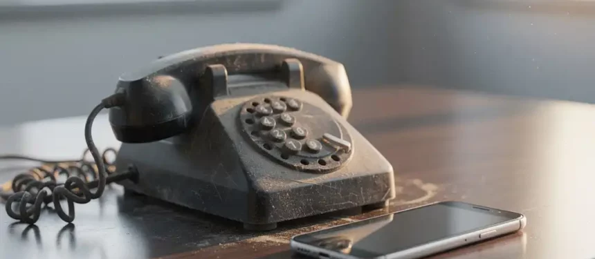 Stoffige vintage telefoon met verward snoer naast moderne smartphone op houten bureau, zacht natuurlijk licht.