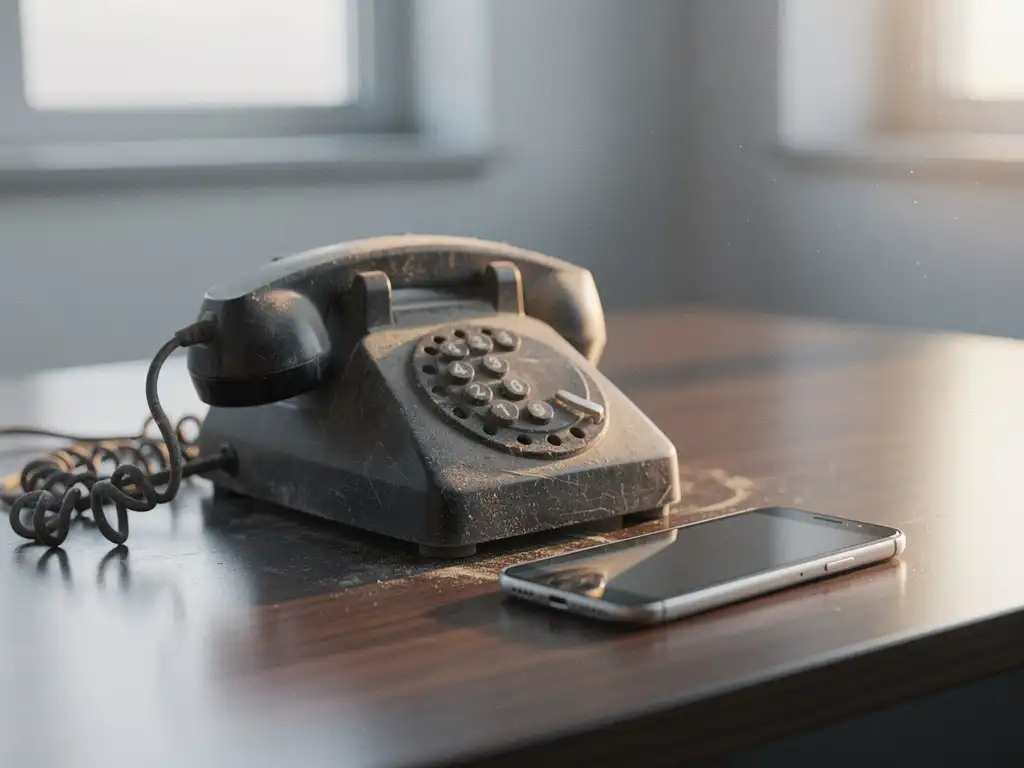 Stoffige vintage telefoon met verward snoer naast moderne smartphone op houten bureau, zacht natuurlijk licht.