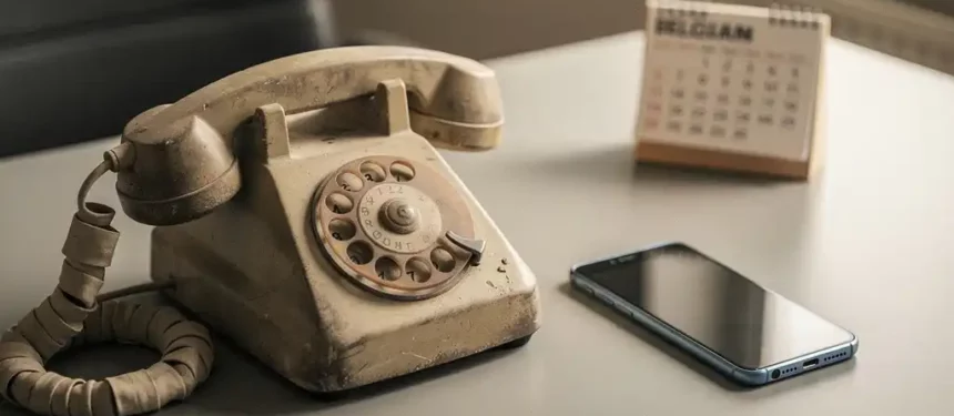 Vintage stoftig bureautelefoon naast moderne smartphone op kantoorbureau, Belgische kalender erbij, warm natuurlijk licht.