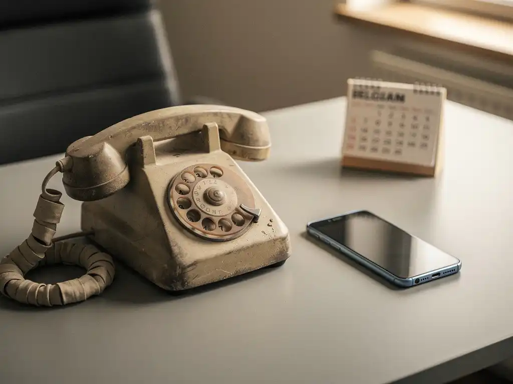 Vintage stoftig bureautelefoon naast moderne smartphone op kantoorbureau, Belgische kalender erbij, warm natuurlijk licht.