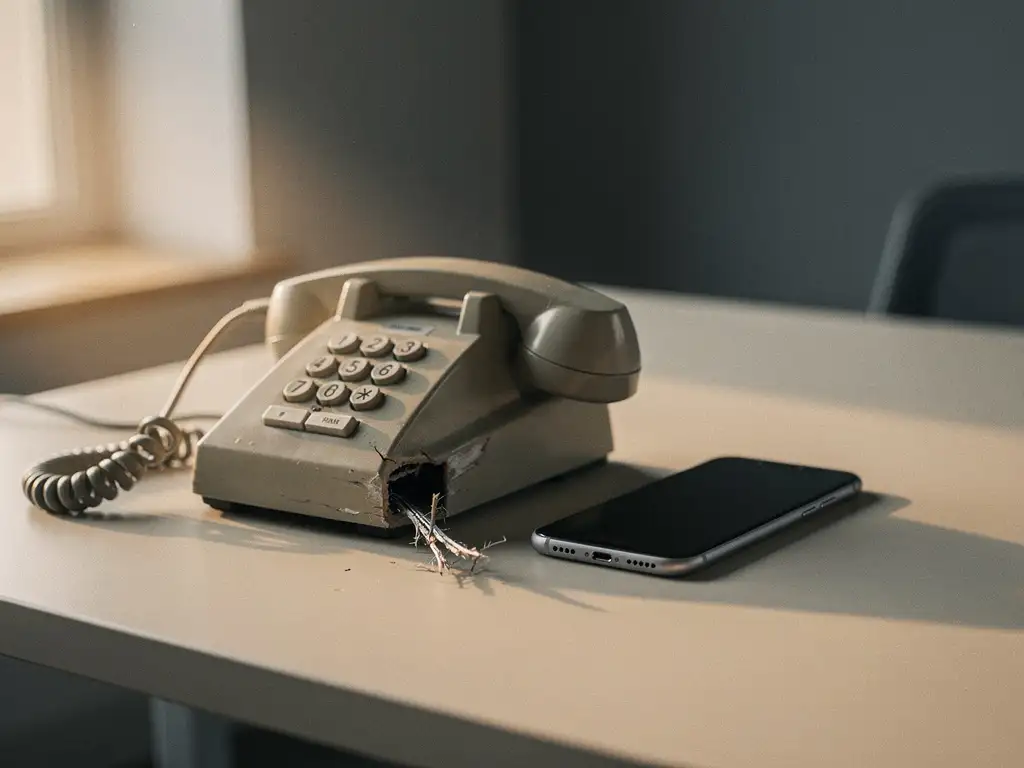 Vintage bureautelefoon met doorgesneden snoer naast moderne smartphone op kantoorbureau, warm natuurlijk licht.