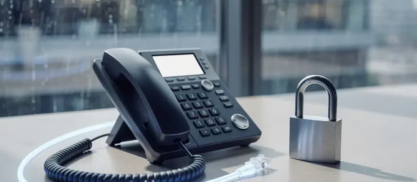 VoIP-bureautelefoon met ethernet-kabel en hangslot op modern kantoorbureau, regenachtig raam op de achtergrond.