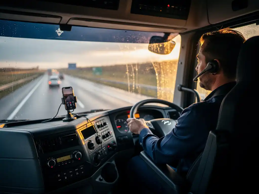 Vrachtwagenchauffeur belt handsfree via smartphone op regenachtig snelweg, dashboard en open weg zichtbaar in warm middaglicht.