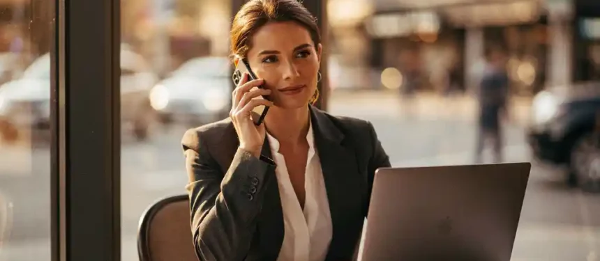 Professionele vrouw telefoneert zelfverzekerd in zonnig café met laptop en noise-cancelling oordopjes op tafel.
