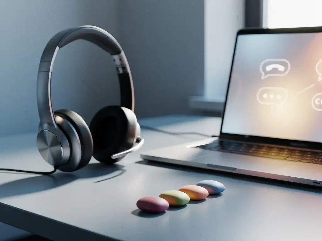 Moderne headset op bureau naast oplichtend laptopscherm met inkomende gespreksnotificaties en gekleurde tokens voor gespreksbeheerstroom.