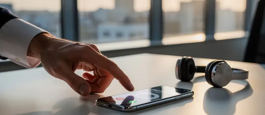 Professionele hand die een smartphone met inkomende oproep aanraakt op een modern kantoorbureau, draadloze headset op de achtergrond.