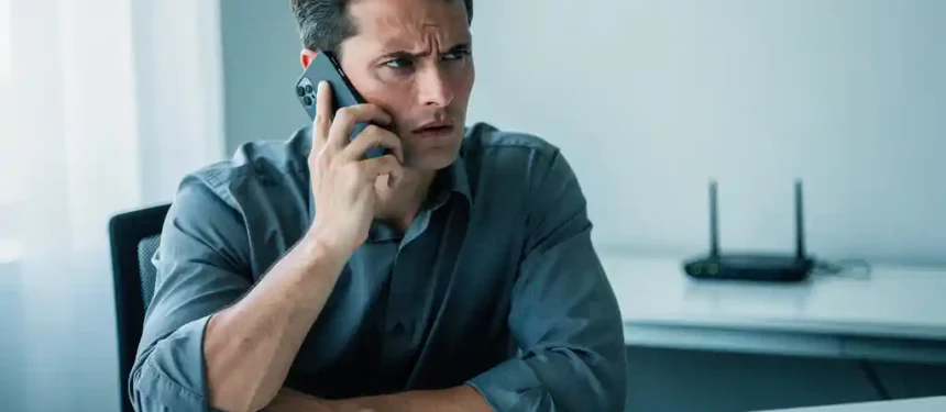 Professional met licht gefrustreerde uitdrukking telefoneert aan modern bureau, router en laptop op de achtergrond.