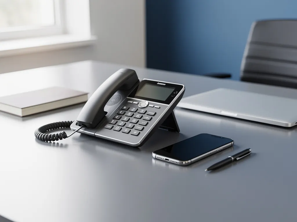 Moderne vaste telefoon en smartphone naast elkaar op een gepolijst bureau in een Belgische kantooromgeving, met notitieboek en laptop.