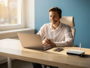 Ondernemer voert handsfree gesprek via laptop op modern bureau met smartphone en draadloze router in warm Belgisch kantoorlicht.
