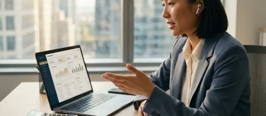 Accountant met draadloze oortjes aan modern bureau met laptop, financiële documenten en rekenmachine in natuurlijk kantoorlicht.