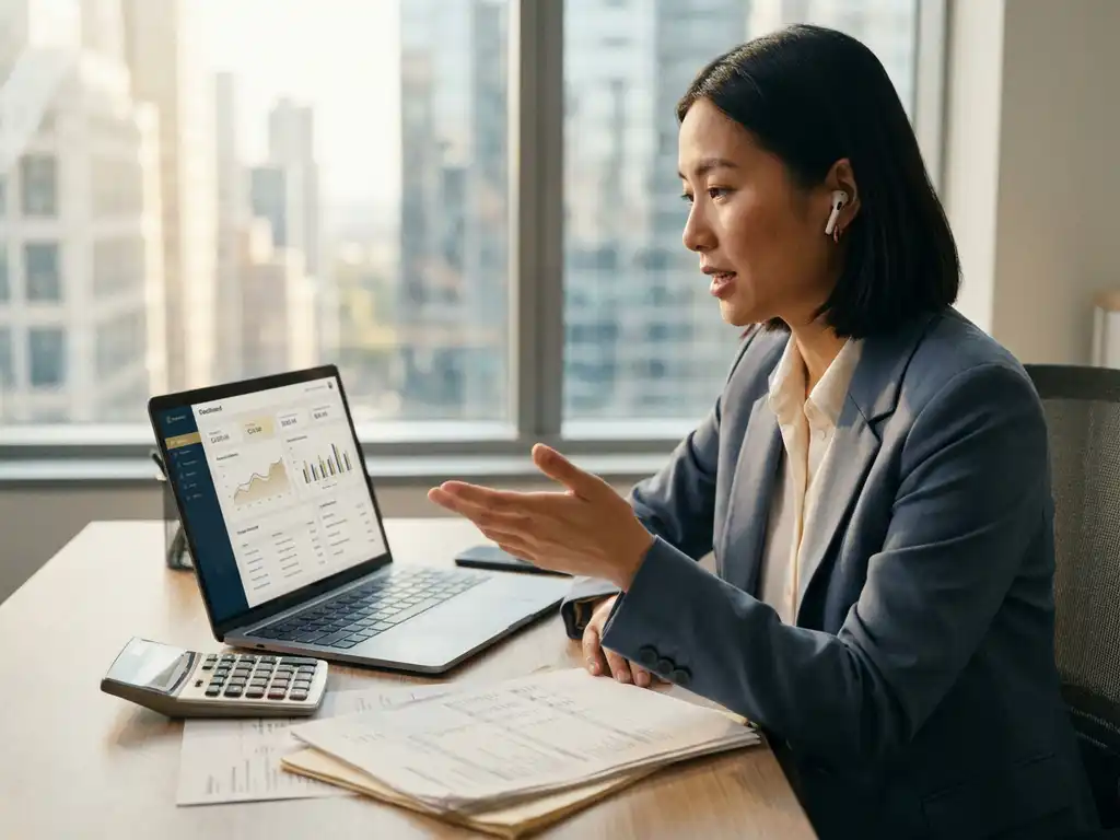Accountant met draadloze oortjes aan modern bureau met laptop, financiële documenten en rekenmachine in natuurlijk kantoorlicht.
