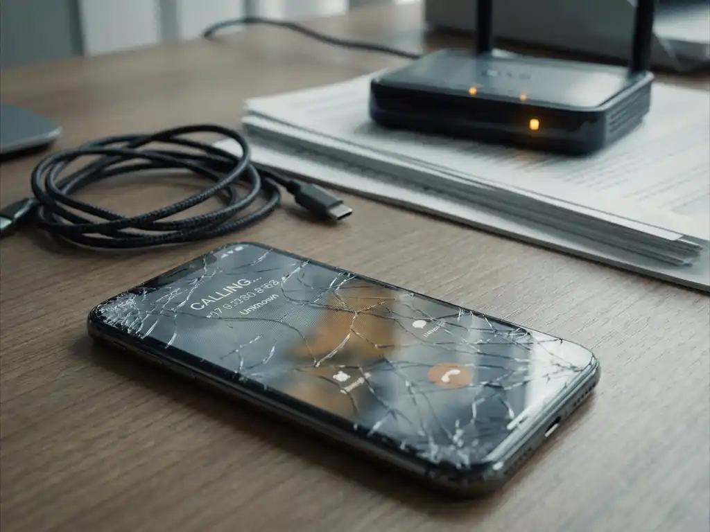 Gebarsten smartphonescherm met bevroren belinterface op kantoorbureau, naast verward oplaadkabel en router met oranje waarschuwingslamp.
