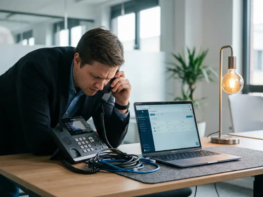 Gefrustreerde professional met VoIP-bureautelefoon aan oor, gefronste wenkbrauwen, laptop met beldashboard op Belgisch kantoor.