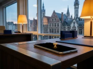 Smartphone op kantoorbureau schakelt over van Wi-Fi naar GSM-netwerk, met Belgische skyline zichtbaar op de achtergrond.