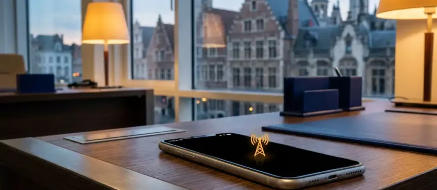 Smartphone op kantoorbureau schakelt over van Wi-Fi naar GSM-netwerk, met Belgische skyline zichtbaar op de achtergrond.