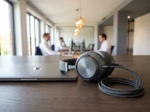 Premium over-ear headset op modern kantoorbureau naast laptop, zacht natuurlijk licht, strakke Belgische werkplek.