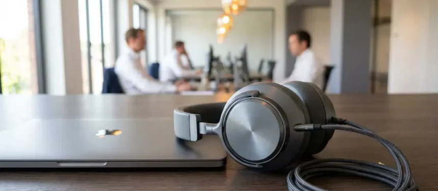 Premium over-ear headset op modern kantoorbureau naast laptop, zacht natuurlijk licht, strakke Belgische werkplek.