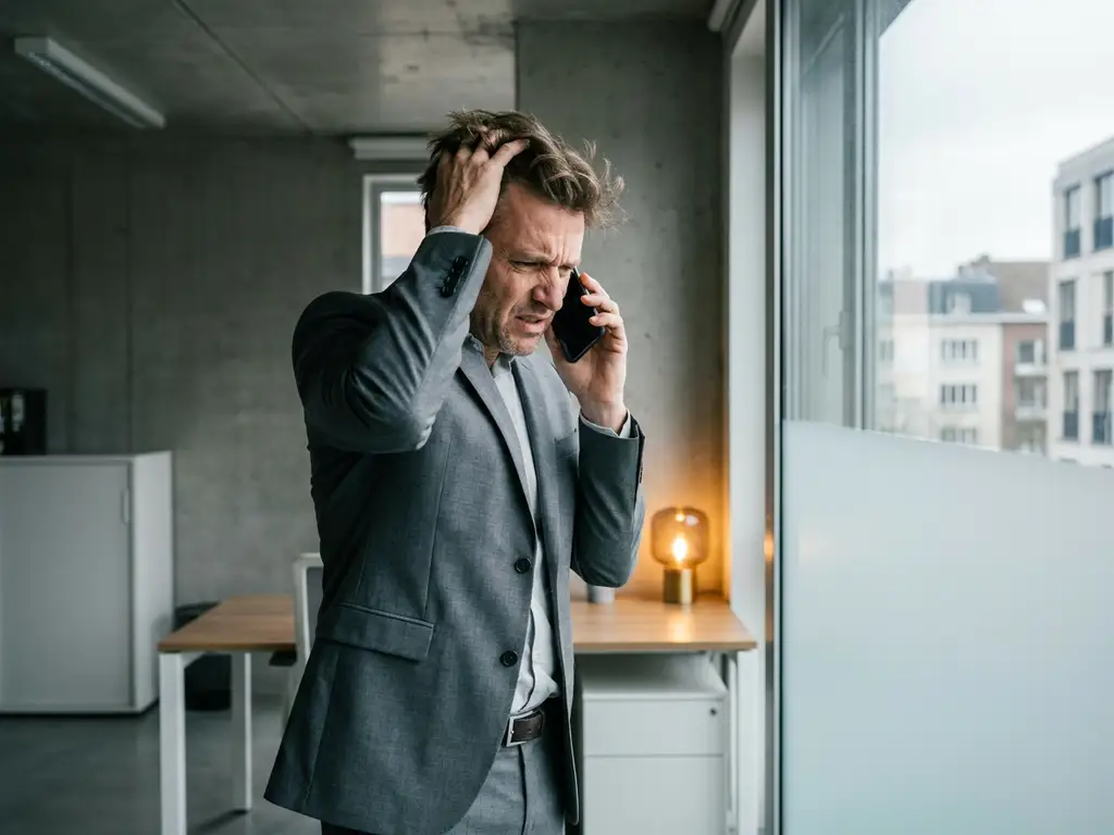 Gefrustreerde professional die naar smartphone staart tijdens weggevallen gesprek bij kantoorvenster in Belgische werkruimte.