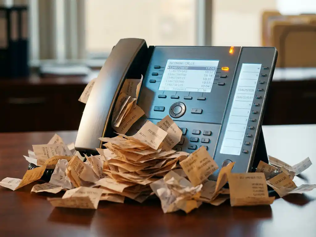 Kantoortelefoon op modern bureau omringd door stapels papieren oproepnotities, verlicht met staalblauwe en amberkleurige kantoorverlichting.