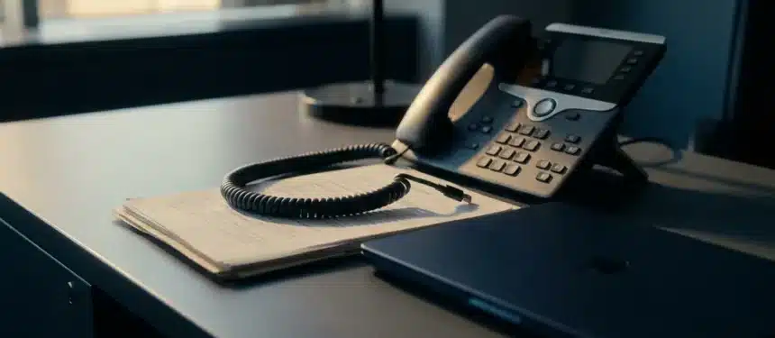Losgekoppelde telefoonstekker naast een stille bureautelefoon, stapel papieren en dichte laptop in warm middaglicht.