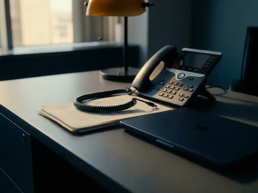 Losgekoppelde telefoonstekker naast een stille bureautelefoon, stapel papieren en dichte laptop in warm middaglicht.