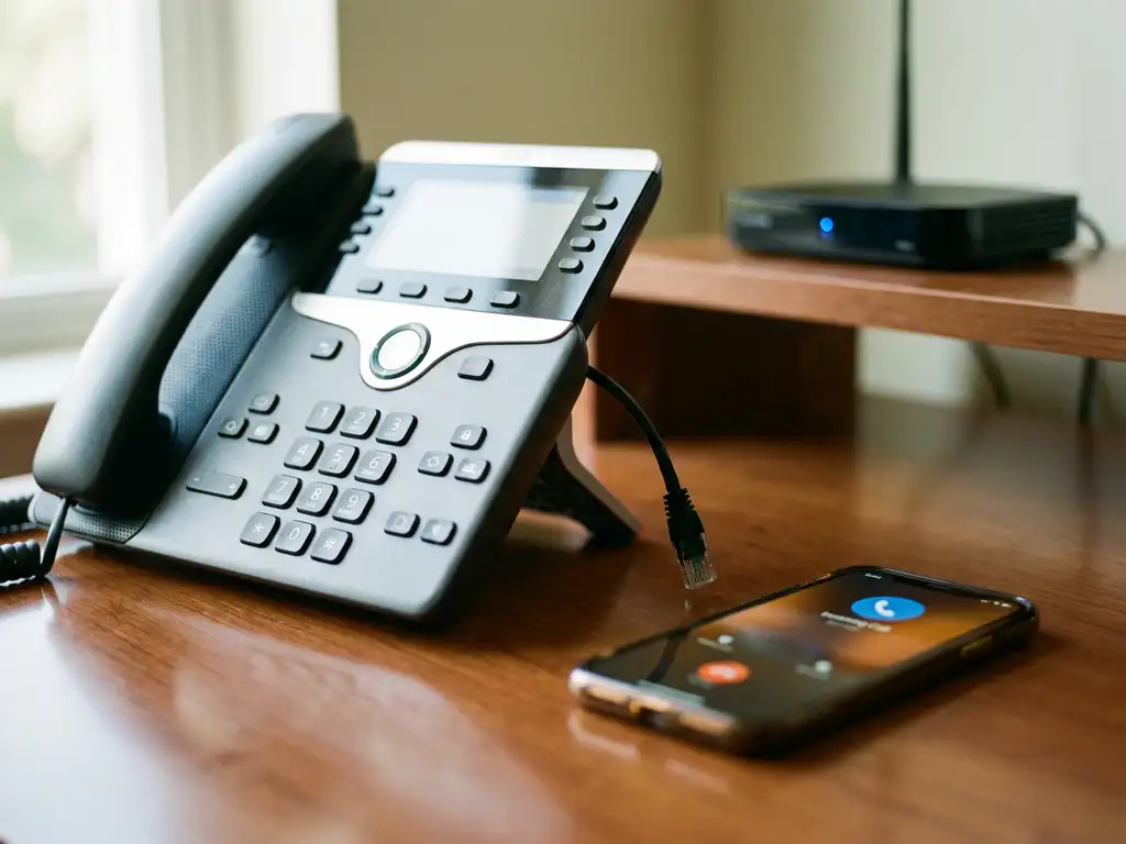 Kantoortelefoon met doorgesneden ethernetkabel naast oplichtende smartphone die oproep omleidt via mobiel netwerk.