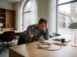 Gefrustreerde klant met smartphone met gemist gesprek aan modern bureau, losse ethernetkabel, Belgisch kantoor met grote ramen.