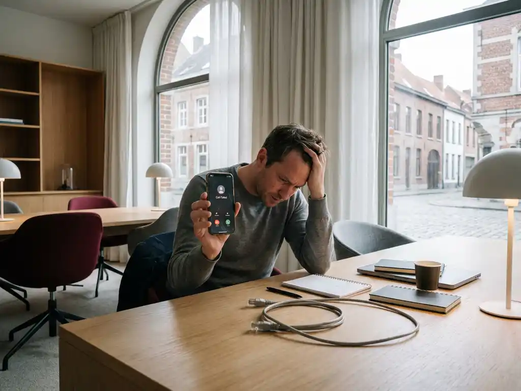 Gefrustreerde klant met smartphone met gemist gesprek aan modern bureau, losse ethernetkabel, Belgisch kantoor met grote ramen.