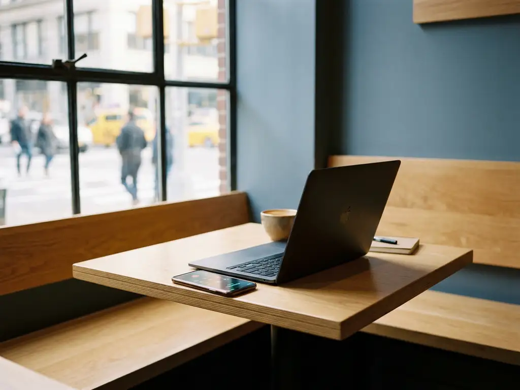 Laptop en smartphone met actief gesprek op een minimalistische cafétafel, zacht natuurlijk licht en wazige stadsstraat op de achtergrond.
