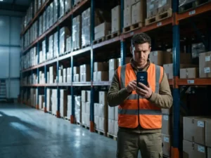 Magazijnmedewerker bekijkt smartphone zonder signaal tussen hoge metalen stellingkasten vol kartonnen dozen.