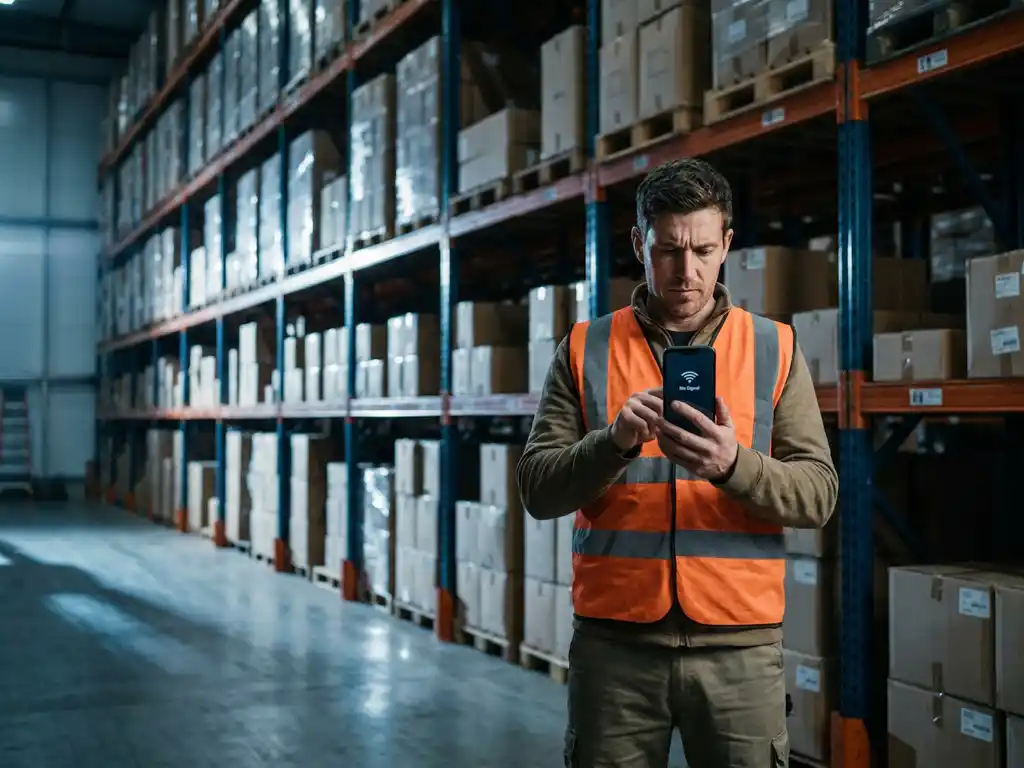 Magazijnmedewerker bekijkt smartphone zonder signaal tussen hoge metalen stellingkasten vol kartonnen dozen.